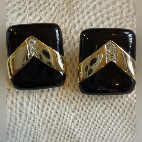 Vintage Art Deco Earrings Black Onyx and Gold Tone chevron overlay Rhinestones - Picture 1 of 7